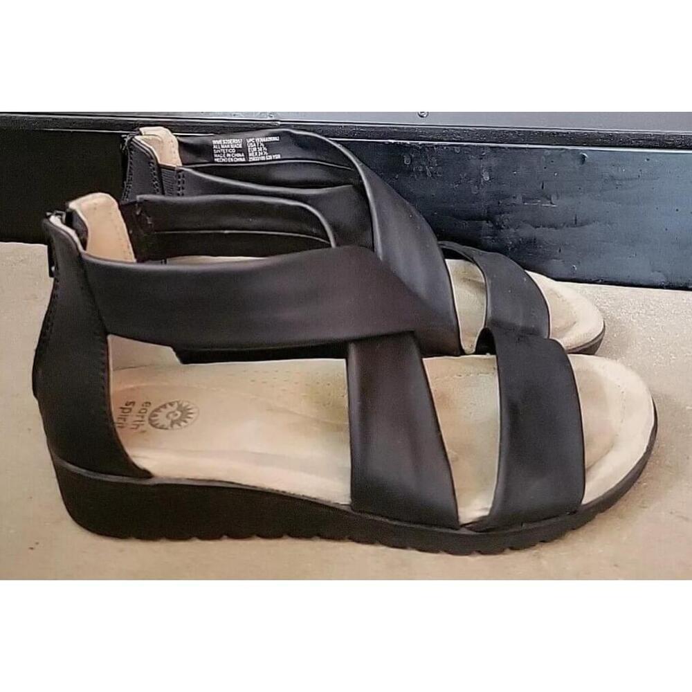 Earth Spirit Cross Band Womens Size 7.5 Black Vegan Sandals Zip Up Wedge Shoes